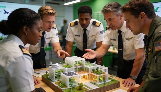 Aviation crew collaborating around sustainable modular airport concept model for planning