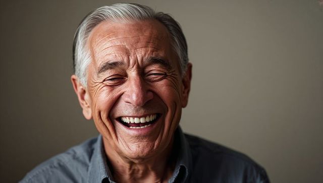 Laughing senior man smiling closeup headshot showing teeth and deep wrinkles