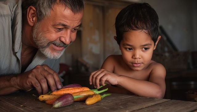 Older man and young boy examining colorful garden vegetables on rustic wooden table