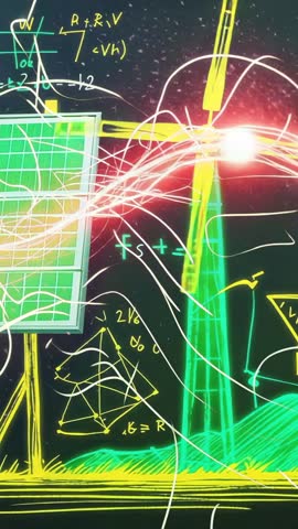 Vertical video: glowing energy arcs transferring power from solar panel to wind turbine lab