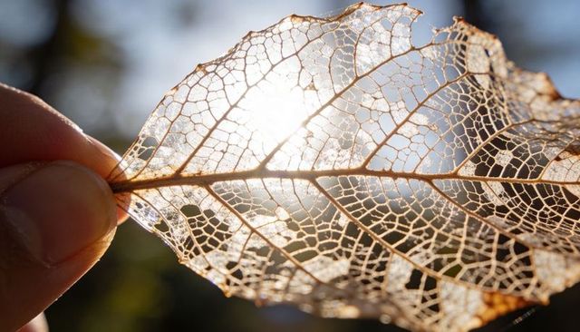 Hand holding backlit skeleton leaf showing intricate veins in sunlight