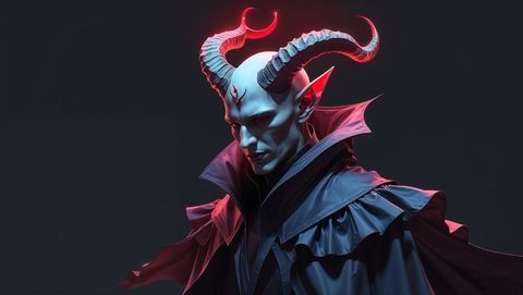 Mythical demon sorcerer with glowing rune and spiraling horns