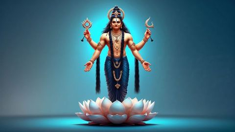 Six-Armed Deity Standing on Lotus Pedestal with Divine Attributes