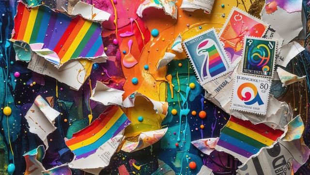 Colorful mixed media collage with rainbows and textured paint drips