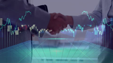 Business Partners Shaking Hands with Stock Market Data Overlay