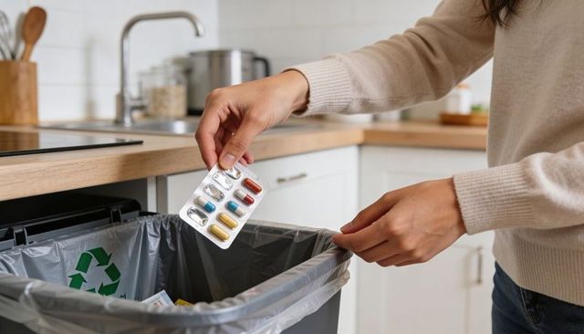 Woman disposing blister pack in recycling bin at kitchen counter promoting safe medicine disposal