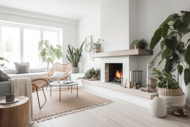 Fireplace with flames in modern living room, created using generative ai technology. Fireplace, home decor and interior design concept digitally generated image.