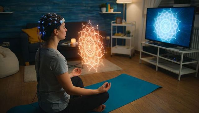 Woman meditating wearing eeg headset and projecting holographic mandala in living room