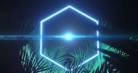 Futuristic neon hexagon with glowing plant foliage