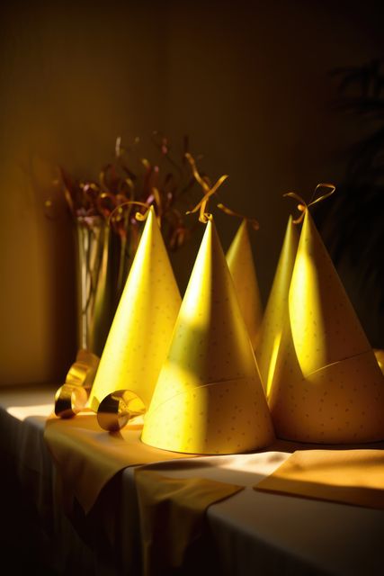 Close up of yellow party hats over brown background, created using generative ai technology. Party, birthday party and celebration concept digitally generated image.
