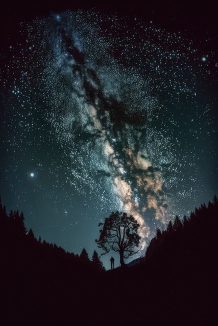 Captures Milky Way stretching across night sky with silhouette of person and tree in foreground. Great for content related to astronomy, nature, outdoor adventures, stargazing experiences, or cosmic-themed designs.