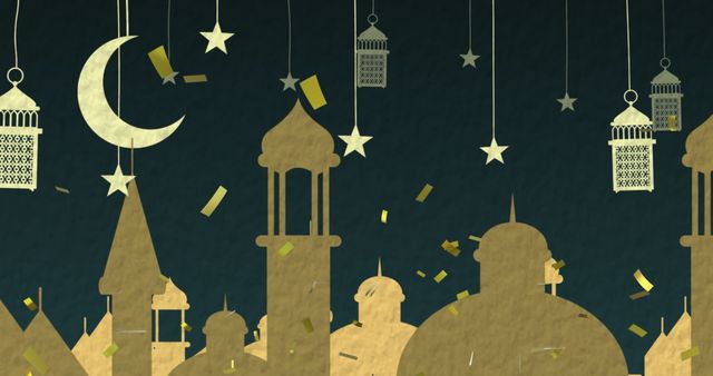 Golden Arabic-style rooftops, interspersed with moons, lamps, and stars, set against a dark night sky with falling confetti. Perfect for Ramadan and Eid celebration themes, Middle Eastern festive graphic designs, invitations, and decorative posters. It highlights the traditional and spiritual heritage, conveying an aura of festive joy and celebration.