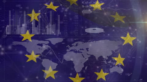 EU Flag With Financial Data Overlay and World Map Visual