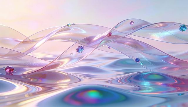 Iridescent ribbon waves twisting over pastel liquid surface with gem droplets