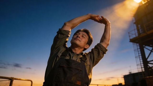 Male industrial worker stretching on worksite deck at dusk under floodlight
