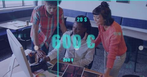 Editing creative team reviewing prints and digital hud for color grading and collaboration