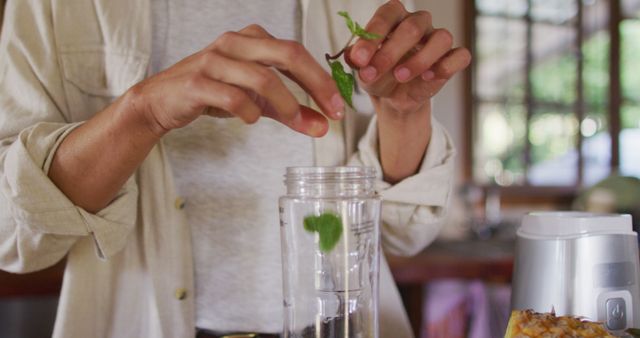 Preparing Healthy Drink by Adding Fresh Mint Leaves into Blender - Download Free Stock Images Pikwizard.com