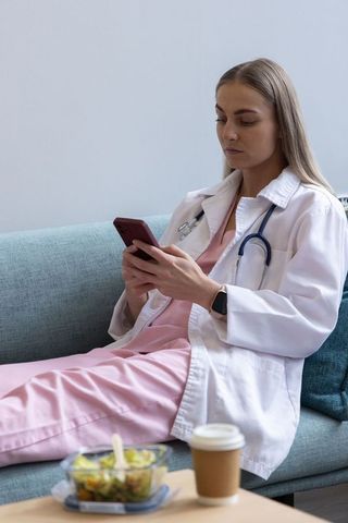 Clinician sitting on breakroom couch checking smartphone wearing scrubs and stethoscope