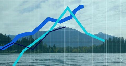 Graphical data overlay on serene mountain lake horizon