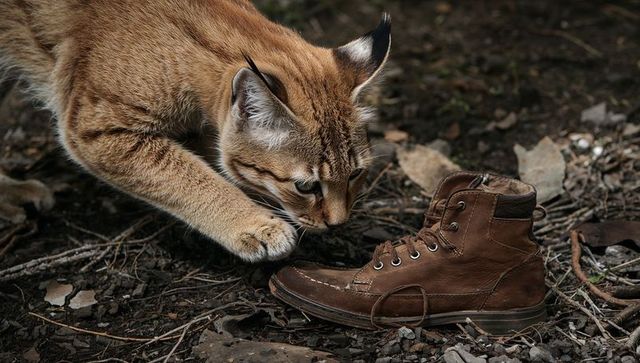 Crouching tuft-eared wildcat investigating worn leather boot on woodland floor