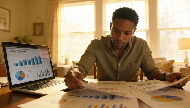 Man sorting business charts at home desk reviewing financial analytics and productivity