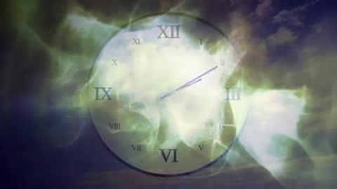 Surreal Clock Art with Mystical Green Clouds and Pyramid