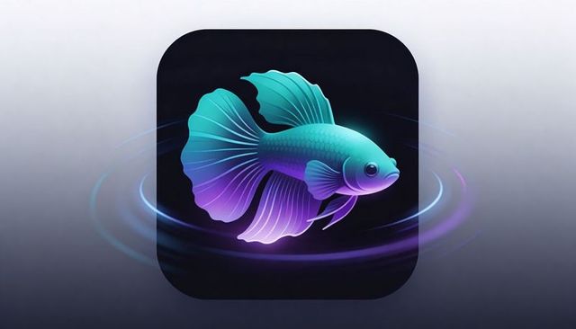 Floating iridescent betta fish icon glowing teal purple gradient with water ripples