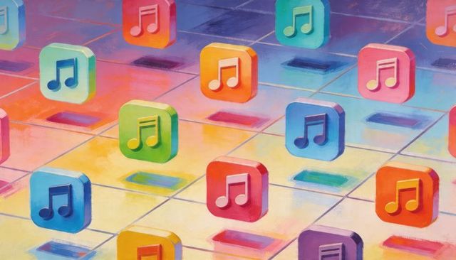 Floating 3d music note icons creating pastel gradient grid pattern for music apps