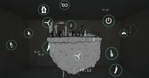 Floating Earth Chunk with Skyline in Concrete Gallery