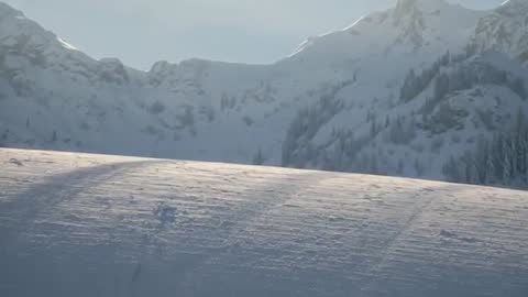 Sunlit Alpine Snowfield Footage Showing Wind-Blown Tracks, Frost Texture and Mountain Valley