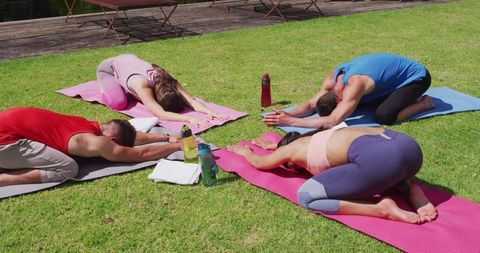 Group Yoga Session Outdoors Participants Stretching on Mats