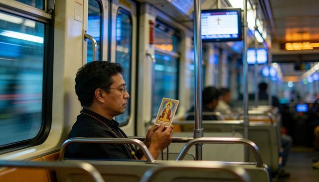 Asian commuter holding buddhist prayer card and mala beads, contemplative subway meditation
