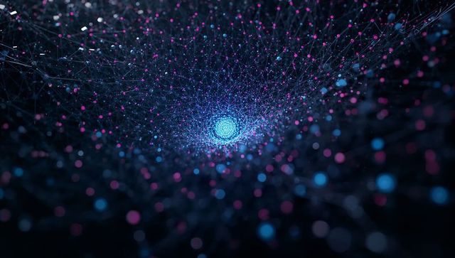 Glowing neural network vortex pulsing with neon nodes and interconnected digital filaments
