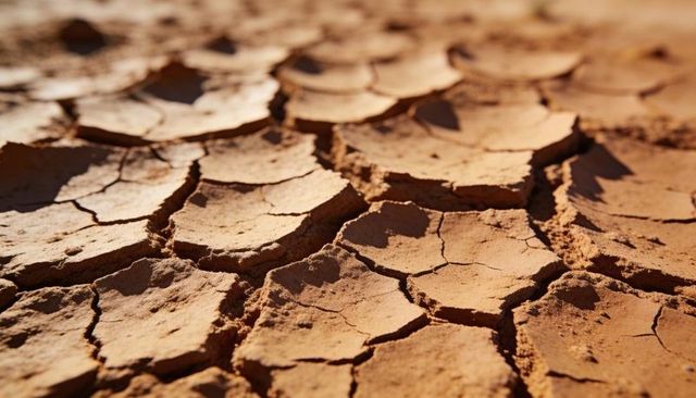 Sunbaked cracked clay forming polygonal plates and deep fissures in parched red soil