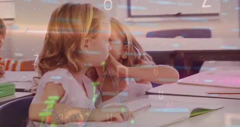 Young Students Collaborating in Classroom with Digital Learning Elements