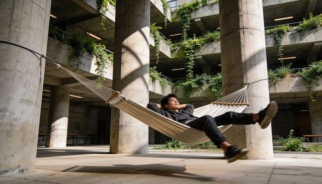 Asian man relaxing in hammock inside sunlit brutalist concrete courtyard with hanging vines