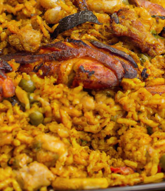 Depicting a close-up of authentic Spanish paella, showcasing its vibrant colors and textures with meat and vegetables. Perfect for use in food blogs, culinary websites, restaurant menus, or travel content focusing on Spanish cuisine.