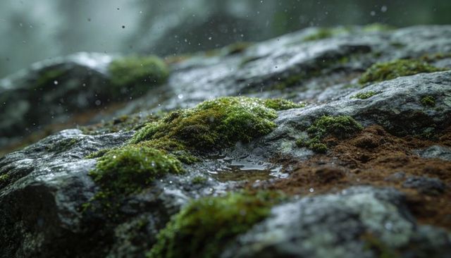 Moss-covered rock capturing raindrops and tiny puddles in misty forest macro detail