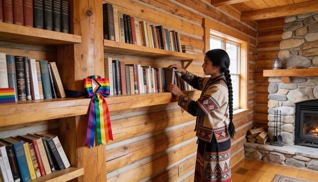 Woman in patterned knitwear browsing cabin bookshelf with rainbow ribbon and fireplace