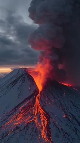 Volcano Erupting at Dusk Ejecting Lava Flow and Massive Ash Plume Vertical Drone Video