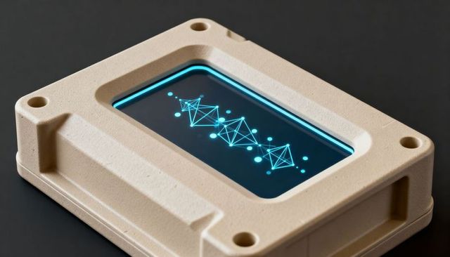 Beige industrial enclosure displaying cyan network hologram in recessed window on dark bench studio