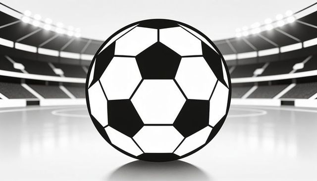 Classic black white soccer ball reflecting on glossy pitch in empty stadium under floodlights