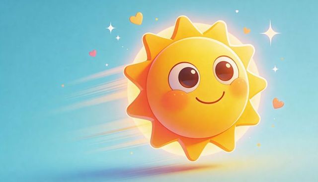 Smiling sun gliding across soft blue gradient sky, trailing motion streaks, hearts, sparkles