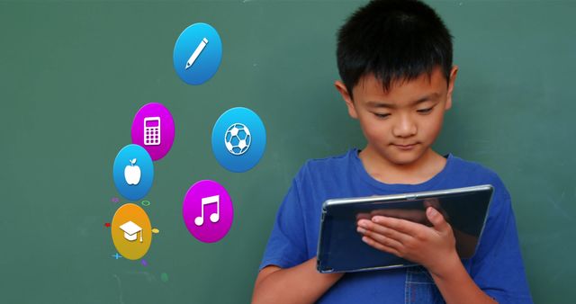 Young student engaging with educational content on tablet, promoting interactive learning through digital applications. Useful for topics related to modern education, e-learning, classroom technology integration, and child development.