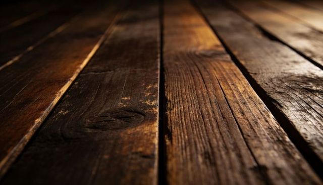 Weathered rustic wooden planks with deep grain, knots, cracks and patina in warm low light