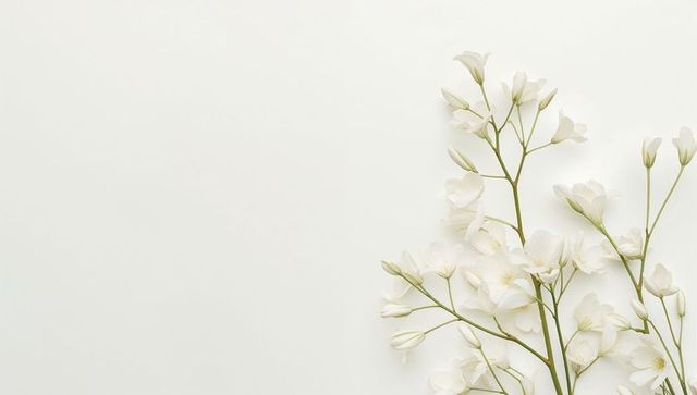 Delicate white blossom branches on ivory background minimal floral flatlay with copy space