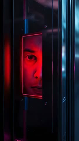 Man Peering Through Metal Viewport in Neon-lit Futuristic Corridor Vertical Video