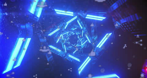 Futuristic Abstract Tunnel with Digital Icons and Neon Lights