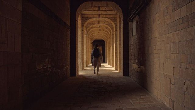 Solitary traveler walking through sunlit stone arches of cloister, rhythmic shadow bands