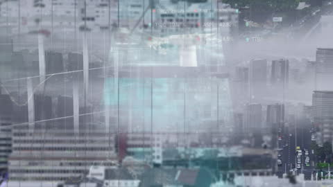 Dynamic animation displaying various data and statistics over a bustling urban financial district, suggesting advanced technology and global business integration. Ideal for themes involving finance technology, stock market analysis, and urban development. Perfect for illustrating concepts in financial reports, tech presentations, and urban planning articles.